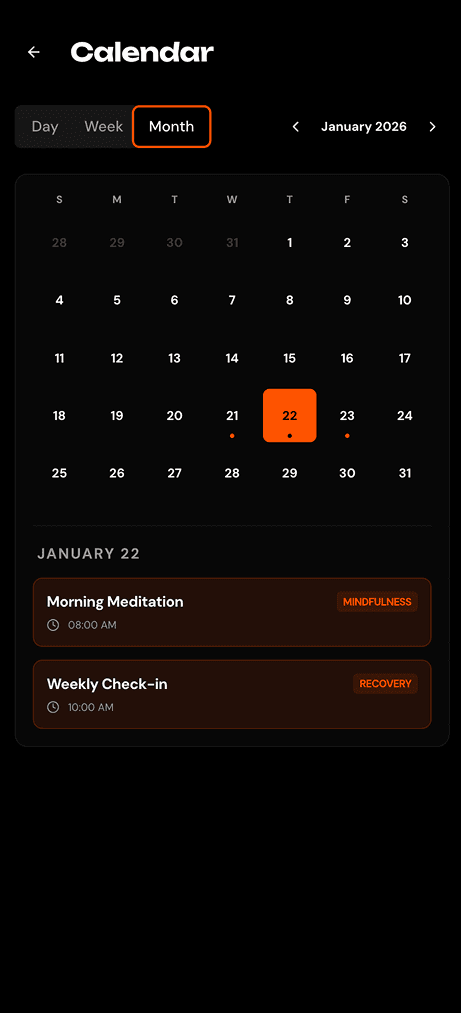 Calendar screen in the ATO Recovery app