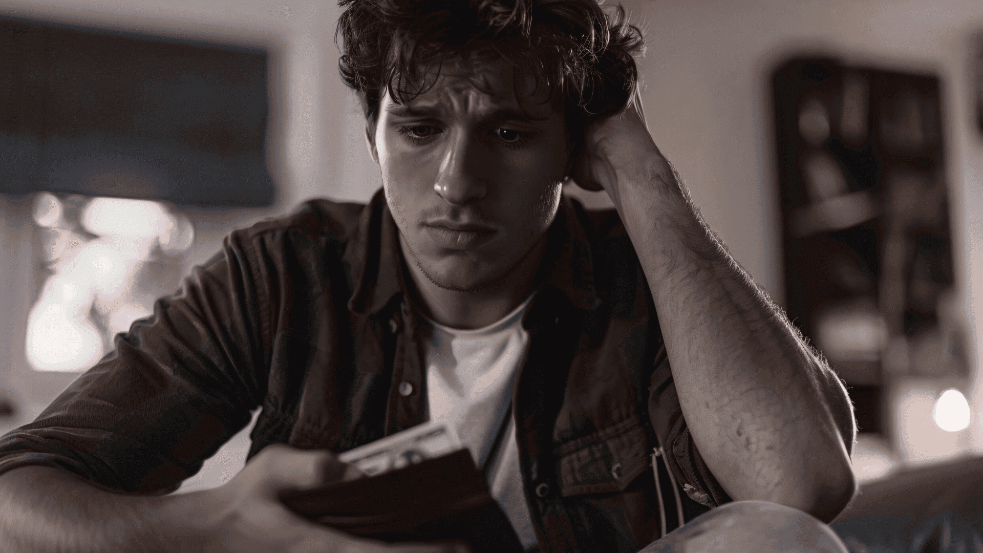 A young man sitting alone looking at his phone